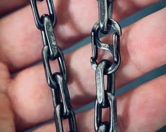 Oxidised Simple Stainless Steel Matte Blackened Silver Thick Chunky Cable Anchor Link Chain Bracelet - Mens / Rustic Style / Minimalist