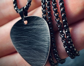 Minimalist Simple Brushed Stainless Steel Matte Black & Silver Guitar Pick Pendant with Matching Ball Chain Necklace / Guitarist / Musician