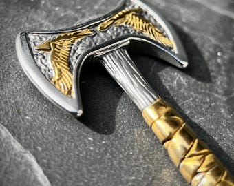 Rustic Distressed Stainless Steel Silver & Gold Large Viking Axe Charm Pendant