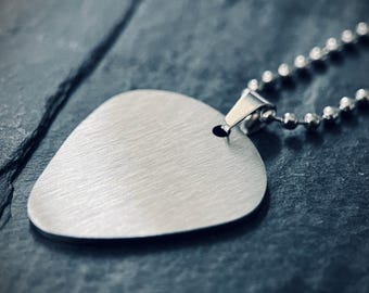 Minimalist Simple Brushed Stainless Steel Matte Silver Chrome Guitar Pick Pendant with Matching Ball Chain Necklace / Guitarist / Musician
