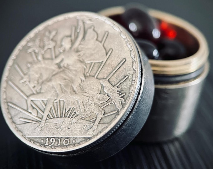 Featured listing image: Handmade Silver Peace Knight Peso Caballito Dollar Hobo Coin Brass Pill Bottle Stash Capsule Container / Pot / EDC / Medicine / Snuff Box