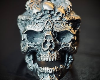 Distressed 925 Solid Sterling Silver Chunky Highly Detailed Ornate Handmade Carved Dragon Skull Ring