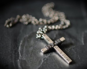 Rope Wrapped Heavily Distressed Solid Sterling Silver 925 Rustic Oxidised Cross Crucifix Pendant with Matching 22" inch Necklace Chain