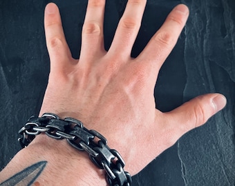 Mens Chunky Blackened Stainless Steel Chain Bracelet: Heavy Duty Oxidized Finish
