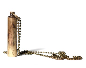 Brushed Matte Solid Brass Vial Distressed Bullet Screw Capsule Stash Container Pendant with matching Necklace / Ashes / Medication / Secret