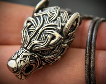 Rustic Silver Stainless Steel Celtic Wolf Pendant & Black Distressed Leather Cord Necklace