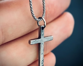 Small Dainty Minimalist Rustic Distressed Solid Sterling Silver 925 Cross Crucifix Pendant with Matching 18" inch Popcorn Chain Necklace