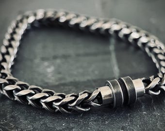 Oxidised Simple Stainless Steel Matte Blackened Silver Thick Chunky Foxtail Cable Link Chain Bracelet