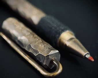 Hammered Distressed Honeycomb Pattern Ballpoint Brass Pen with Grip and Shirt Clip / Accessory / Writer / Notebook / Notes / EDC