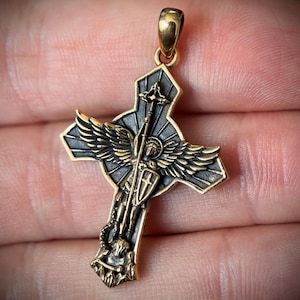 Archangel - 24ct Gold Plated Handmade Saint Michael &quot;Protect Us&quot; Crucifix Shield Pendant with Presentation Gift Box
