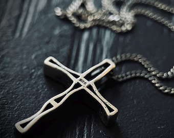 Small Rustic Minimalist Sterling Silver 925 Cross Crucifix Pendant & Slim Dainty Curb Chain Necklace