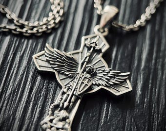 925 Solid Sterling Silver Engraved Rustic Archangel Michael Pendant & Cable Chain Necklace
