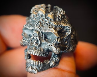 The Dragon's Throne - Distressed 925 Solid Sterling Silver Chunky Highly Detailed Ornate Handmade Carved Dragon Skull Ring