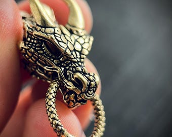 Oxidised Brass Dragon Head Charm Amulet Pendant – Rustic Black & Gold Finish
