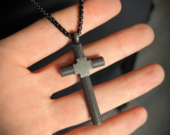 Rustic Brutalist Style Oxidised Distressed Black Stainless Steel Cross Crucifix Pendant with Matching 24" Boxy Necklace