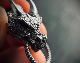 Oxidised Blackened Stainless Steel Ornate Dragon Amulet Pendant
