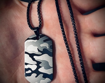 Minimalist Simple Brushed Snow Camouflage Stainless Steel Matte Black & White Dog Tag Pendant with 24" Box Link Chain Necklace / Dog-Tags