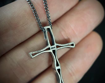 Small Rustic Minimalist Sterling Silver 925 Cross Crucifix Pendant & Slim Dainty Curb Chain Necklace