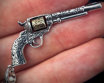 Ornate Engraved Stainless Steel Silver Outlaw Cowboy Revolver Gun Pendant with Gold Plated Cylinder