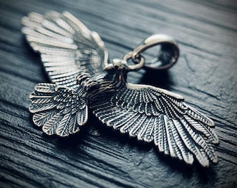 Oxidised Rustic Blackened 925 Solid Sterling Silver Winged Crow Bird Pendant