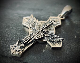 Archangel - 925 Solid Sterling Silver Handmade Saint Michael "Protect Us" Cross Pendant with Presentation Gift Box