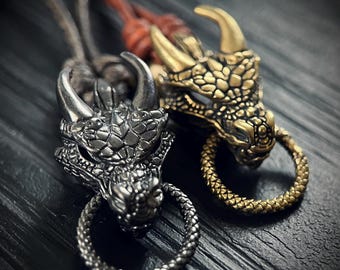 Oxidised Rustic Black & Gold Dragon Head Charm Amulet Pendant with Leather Cord Necklace