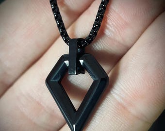 Minimalist Jet Glossy Black Stainless Steel Arrowhead Diamond Pendant with matching 22" Box Link Chain Necklace / Waterproof / Unisex