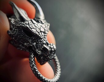Oxidised Blackened Stainless Steel Ornate Dragon Amulet Pendant