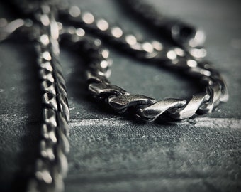 Brushed & Oxidised Simple Stainless Steel Matte Silver Thick Chunky Heavy Wheat Chain Necklace - Mens / Style / Minimalist