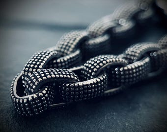 Oxidised Stainless Steel Black & Silver Thick Chunky Heavy Anchor Dot Link Boxy Chain Bracelet - Mens / Rustic Style / Minimalist - 22cm