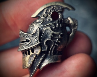 Ornate Highly Detailed Carved Distressed Aged White Brass Templar Knight Helmet Skull Pendant