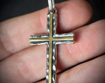 Distressed Handmade 925 Solid Sterling Silver & Brass Simple Minimalist Hammered Cross Crucifix Pendant with Presentation Gift Box