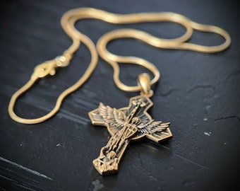 Archangel - 24ct Gold Handmade Saint Michael "Protect Us" Pendant & Matching Snake chain Necklace with Presentation Gift Box