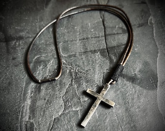 Rustic Brutalist Style Oxidised Distressed Solid Sterling Silver 925 Cross Crucifix Pendant with Magnetic Closure Leather Cord Necklace