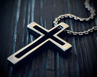 Small Minimalist Rustic Oxidised Distressed Silver Cross Crucifix Pendant & 50cm Cable Necklace Chain
