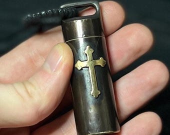 Engraved Large Brass Bullet Shotgun Shell Stash Screw Capsule Key-chain with Crucifix Cross / Accessory / EDC / Everyday Carry / Pill Box