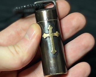 Engraved Large Brass Bullet Shotgun Shell Stash Screw Capsule Key-chain with Crucifix Cross / Accessory / EDC / Everyday Carry / Pill Box