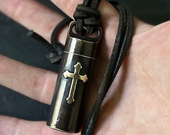 Rustic Brass Shotgun Shell Stash Capsule Necklace - Large Cross Crucifix Pendant
