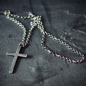 Rustic Oxidised Distressed Sterling Silver Cross Pendant & 22" Rolo Chain Necklace