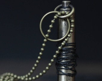 Rustic Rope Wrapped Distressed Solid Brass Vial Bullet Screw Capsule Pendant & Necklace