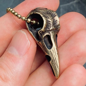 Handmade Solid Brass Distressed Crow / Raven Bird Skull Pendant with Matching Ball Chain Necklace