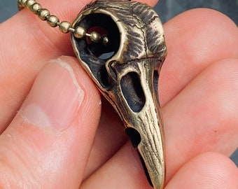 Handmade Solid Brass Distressed Crow / Raven Bird Skull Pendant with Matching Ball Chain Necklace