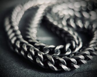 Brushed & Oxidised Simple Stainless Steel Matte Silver Thick Chunky Heavy Foxtail Cuban Chain Necklace - Mens / Style / Minimalist