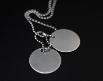 Minimalist Brushed Stainless Steel Chrome Silver Round Dog Tags with Matching Ball Chain Necklace