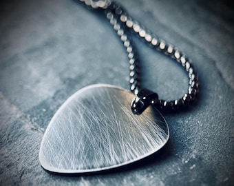 Minimalist Simple Brushed Stainless Steel Matte Black & Silver Guitar Pick Pendant with Matching Ball Chain Necklace / Guitarist / Musician