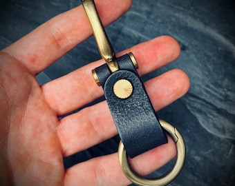 Distressed Black Leather Brass Fish Hook Belt Keychain / Key Holder / Lanyard / Carabiner