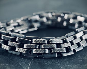 Brutalist Oxidised Stainless Steel Wide Thick Boxy Chunky Heavy Link Chain Bracelet - Mens