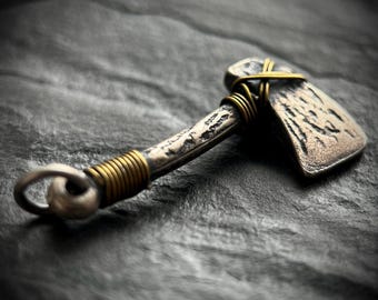 Rustic Distressed 925 Oxidised Silver & Brass Dainty Axe Charm Pendant
