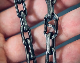 Oxidised Simple Stainless Steel Matte Blackened Silver Thick Chunky Cable Anchor Link Chain Bracelet - Mens / Rustic Style / Minimalist