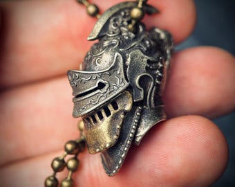 Ornate Highly Detailed Carved Distressed Aged White Brass Templar Knight Helmet Skull Pendant Necklace